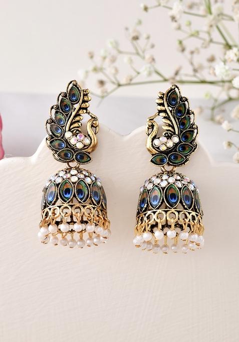 Peacock Inspired Gold Plated Jhumka Earrings With Multicolor Stones