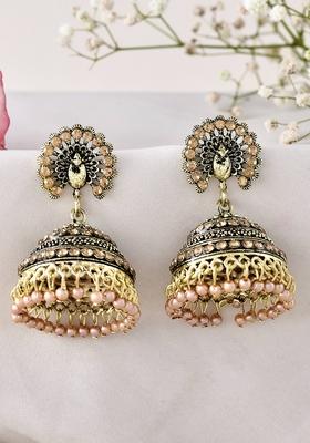 Antique Gold Plated Jhumka Earrings With Floral Detailing And Stone Embellishments