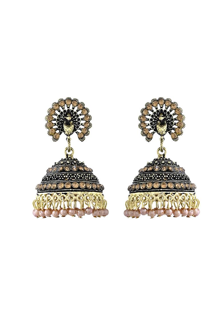 Antique Gold Plated Jhumka Earrings With Floral Detailing And Stone Embellishments