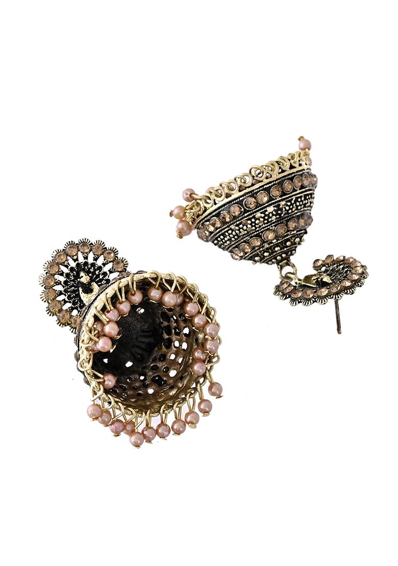 Antique Gold Plated Jhumka Earrings With Floral Detailing And Stone Embellishments