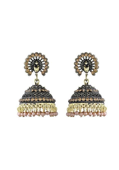 Antique Gold Plated Jhumka Earrings With Floral Detailing And Stone Embellishments
