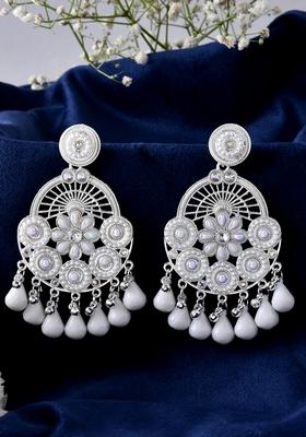 Silver Plated White Stone Chandelier Earrings With Floral And Beaded Detailing