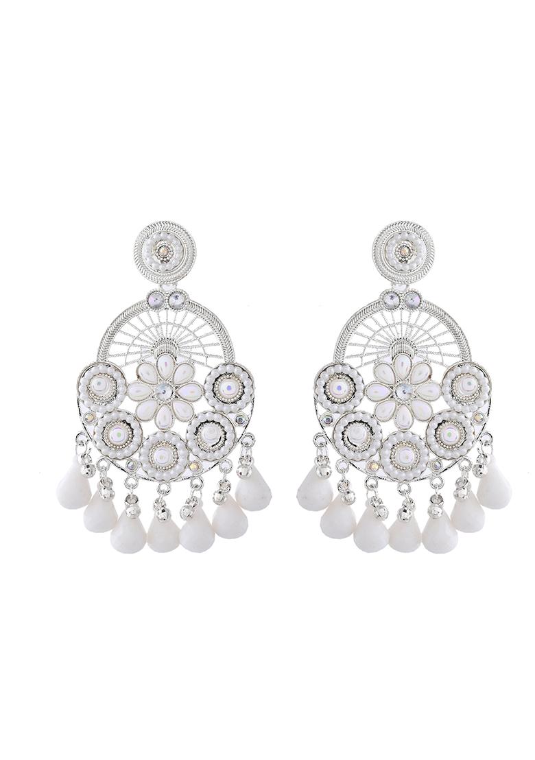 Silver Plated White Stone Chandelier Earrings With Floral And Beaded Detailing