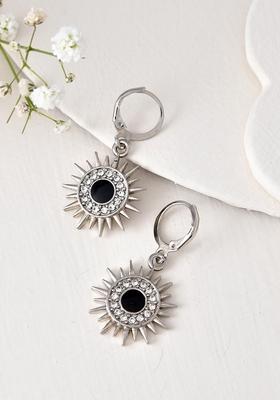Stainless Steel Evil Eye Sunburst Dangle Earrings With Crystal Embellishments