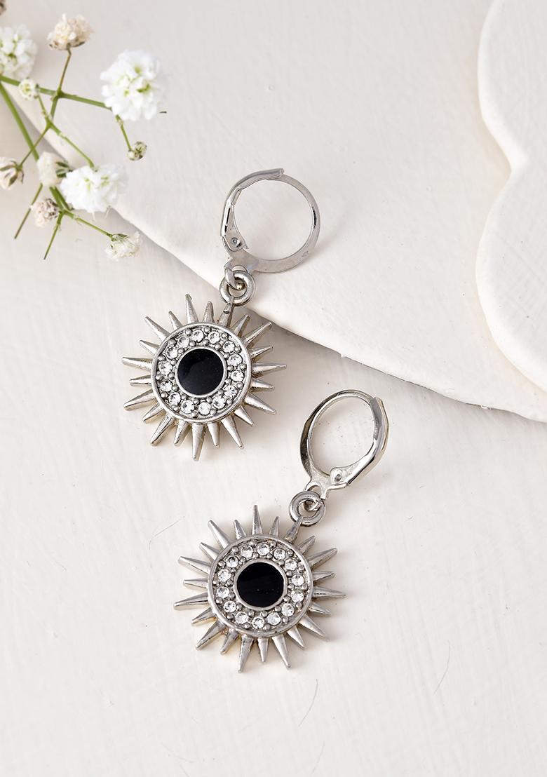 Stainless Steel Evil Eye Sunburst Dangle Earrings With Crystal Embellishments