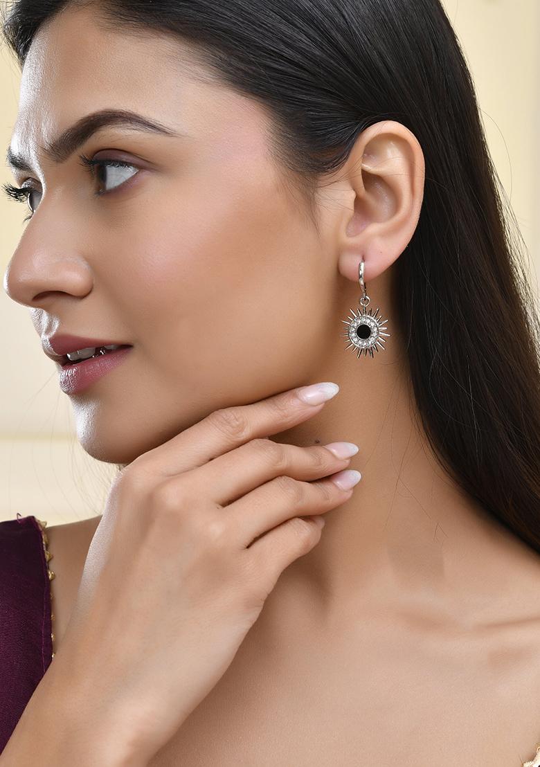 Stainless Steel Evil Eye Sunburst Dangle Earrings With Crystal Embellishments