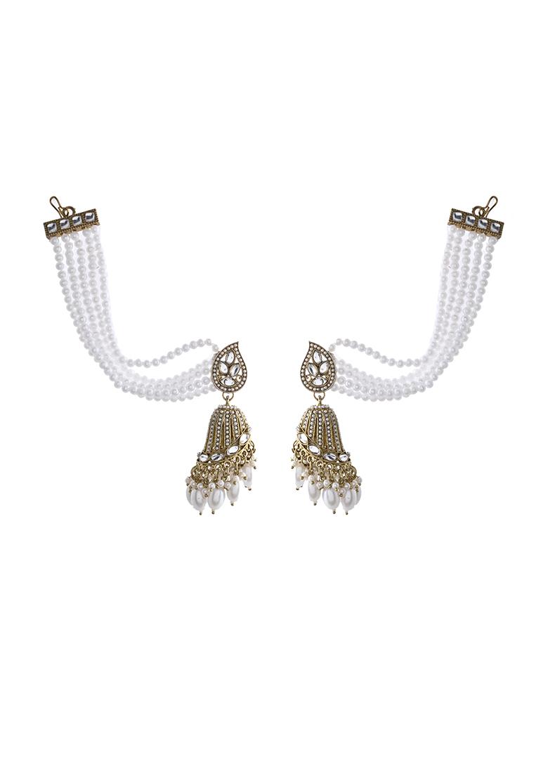 Grand Traditional Gold And Pearl Jhumka Earrings With Kundan And Layered Pearl Strings
