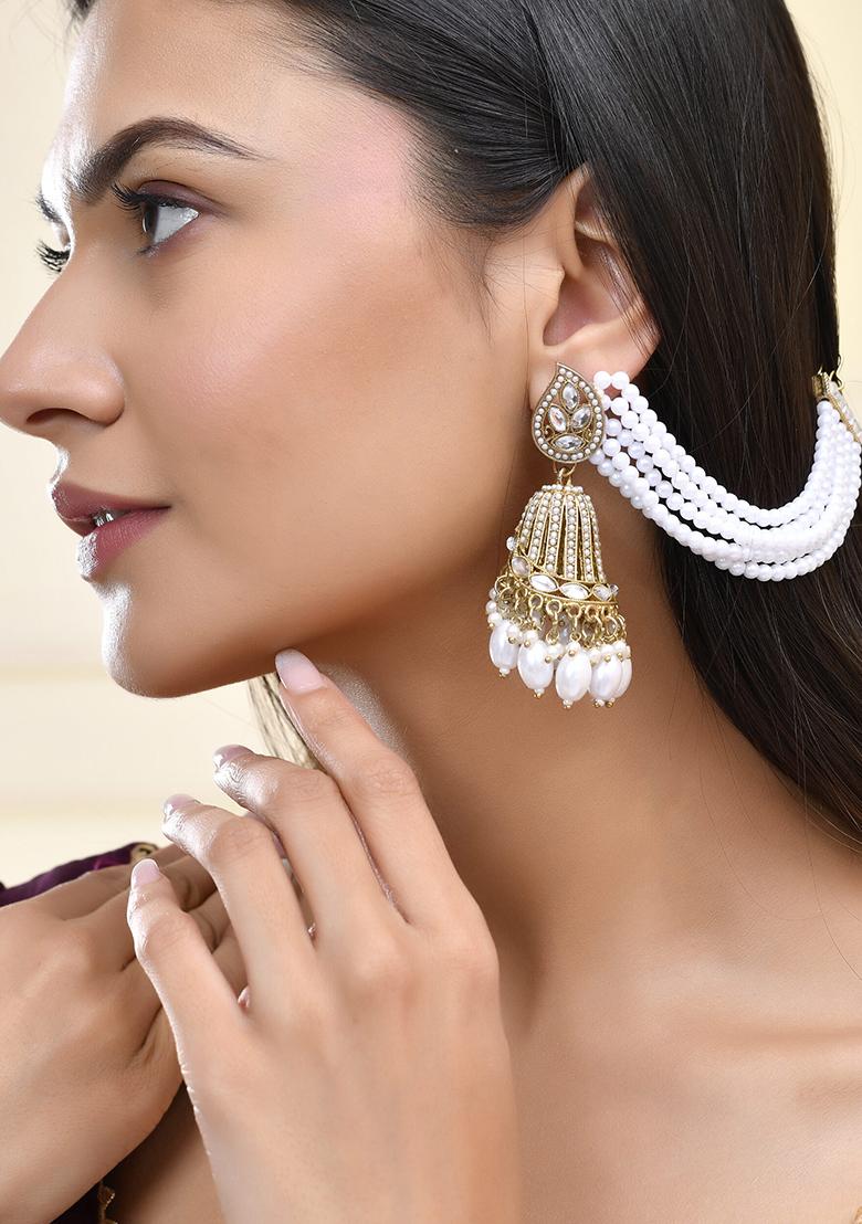 Grand Traditional Gold And Pearl Jhumka Earrings With Kundan And Layered Pearl Strings