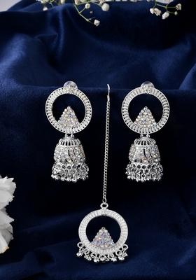 Silver Plated Crystal Embellished Jhumka Earrings With Circular Hoops