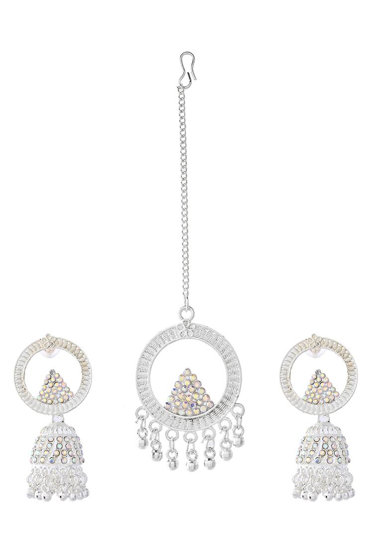 Silver Plated Crystal Embellished Jhumka Earrings With Circular Hoops