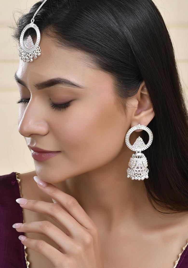 Silver Plated Crystal Embellished Jhumka Earrings With Circular Hoops