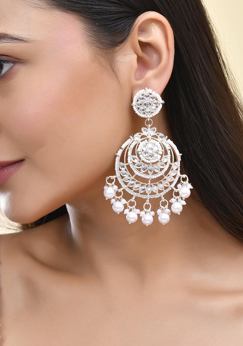 Silver Plated Grand Chandbali Earrings With Pearl And Kundan Work