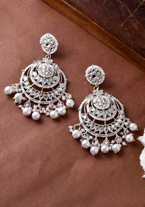 Silver Plated Grand Chandbali Earrings With Pearl And Kundan Work