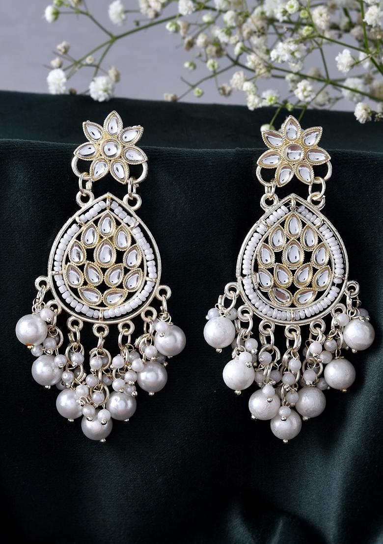 Pearl Embellished Kundan Teardrop Earrings With Floral Detailing