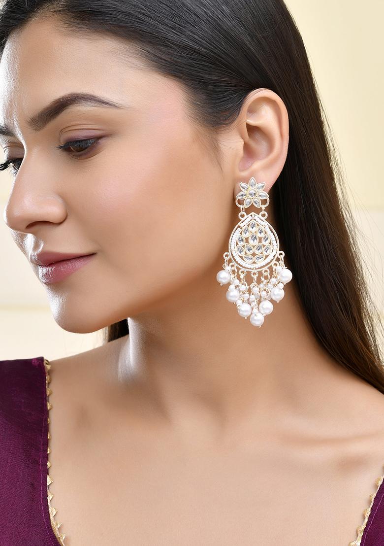 Pearl Embellished Kundan Teardrop Earrings With Floral Detailing