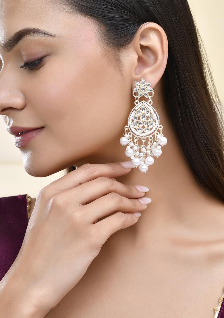 Pearl Embellished Kundan Teardrop Earrings With Floral Detailing