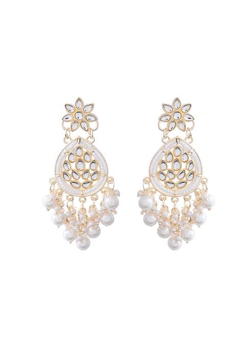 Pearl Embellished Kundan Teardrop Earrings With Floral Detailing