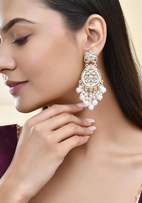 Pearl Embellished Kundan Teardrop Earrings With Floral Detailing
