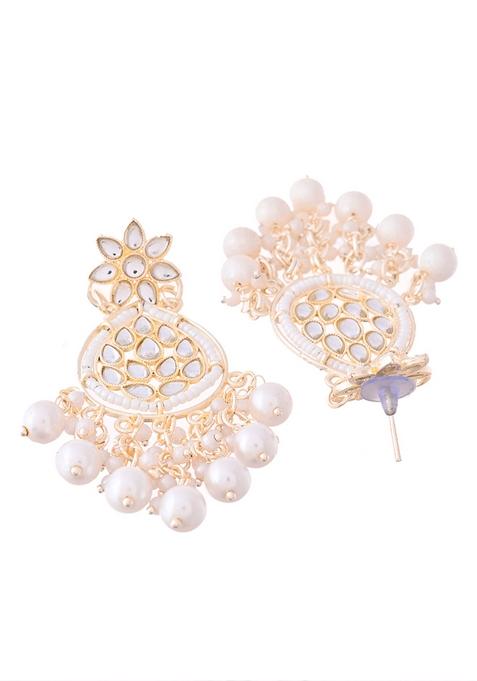 Pearl Embellished Kundan Teardrop Earrings With Floral Detailing