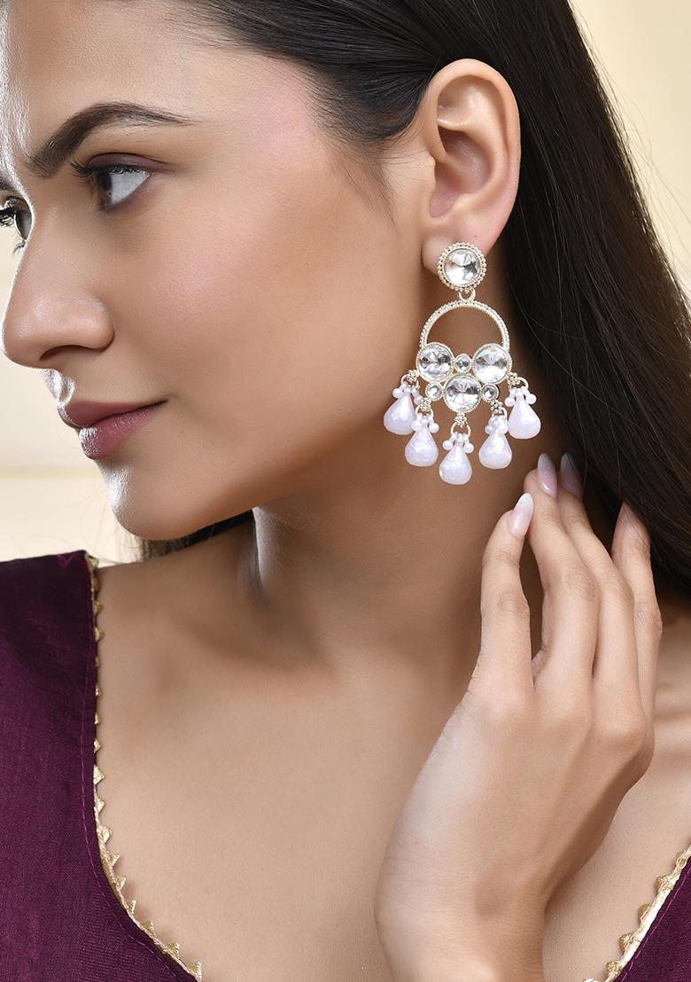 Gold Plated Hoop Earrings With Kundan And Pearl Hangings