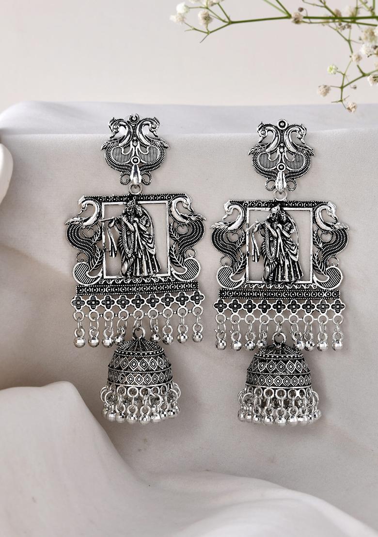 Antique Silver Temple Jhumka Earrings With Intricate Detailing