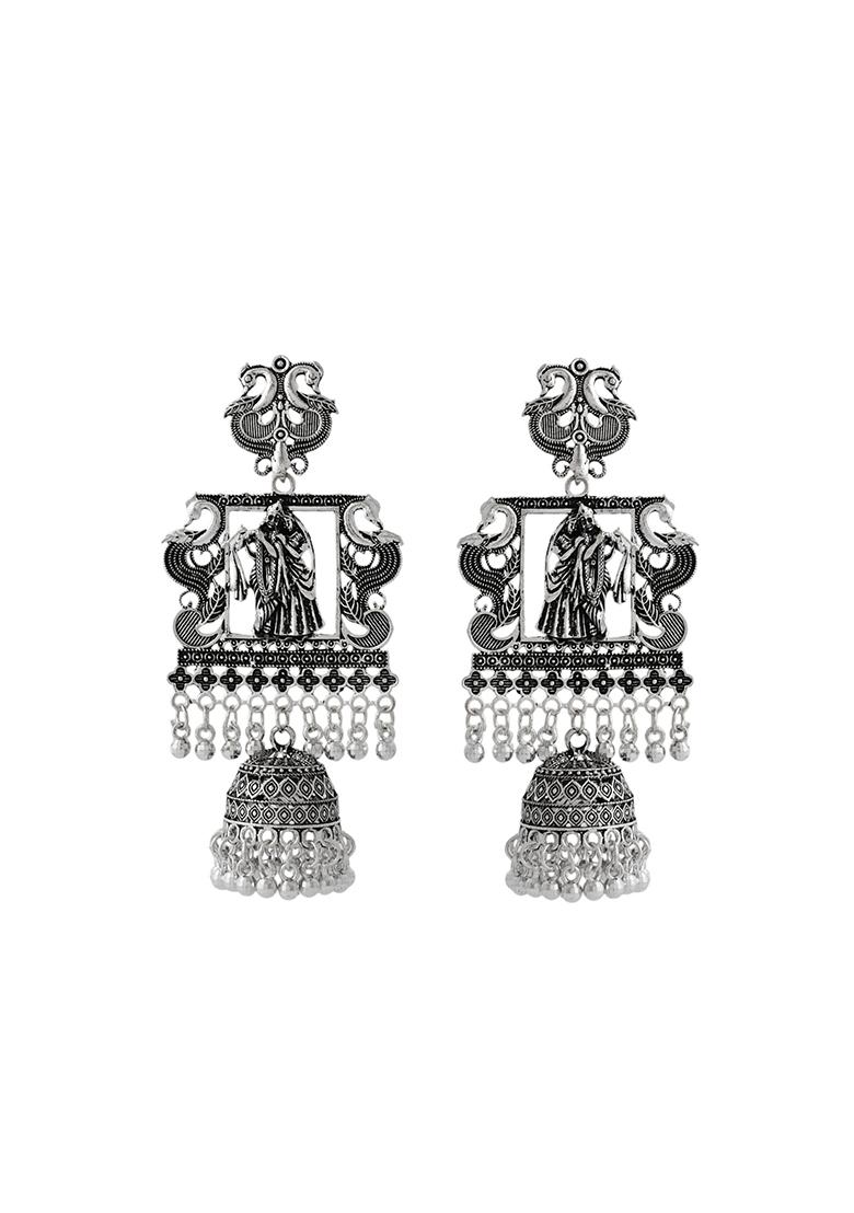 Antique Silver Temple Jhumka Earrings With Intricate Detailing