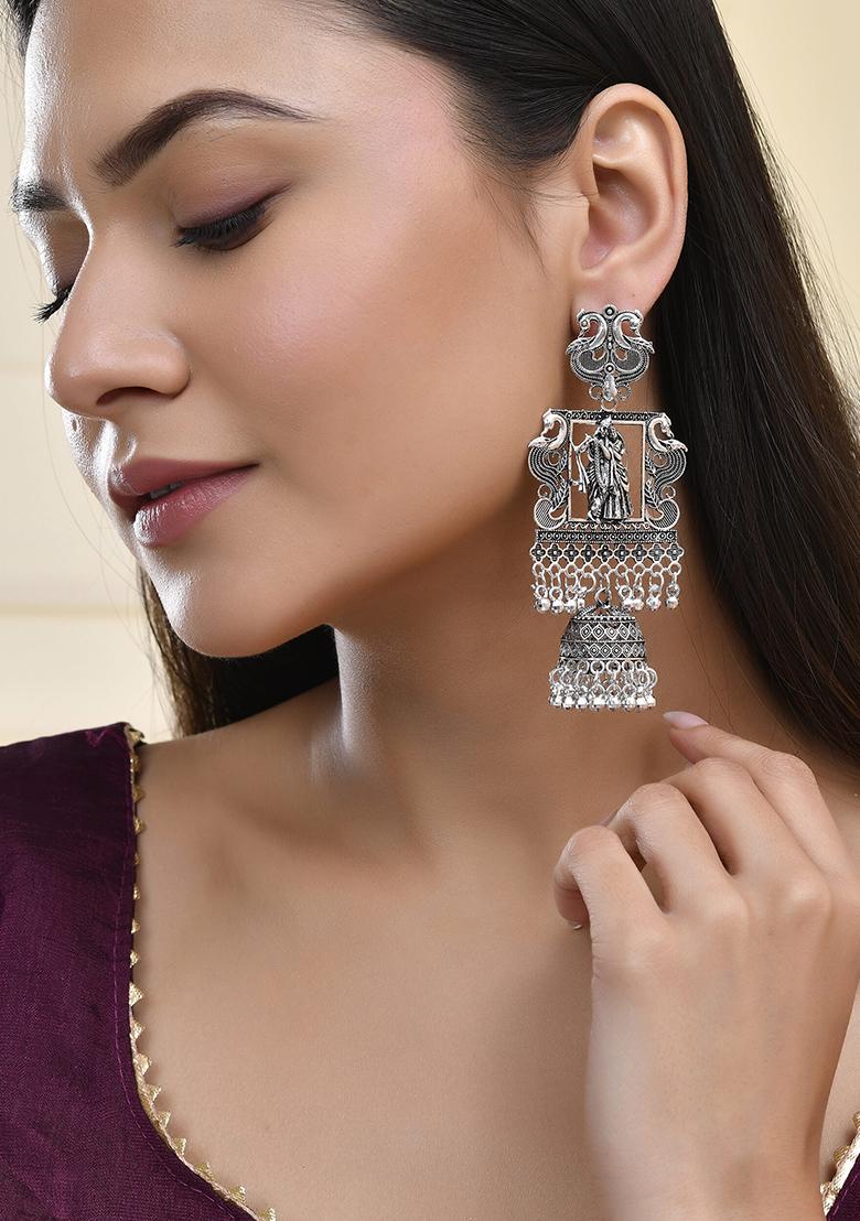 Antique Silver Temple Jhumka Earrings With Intricate Detailing