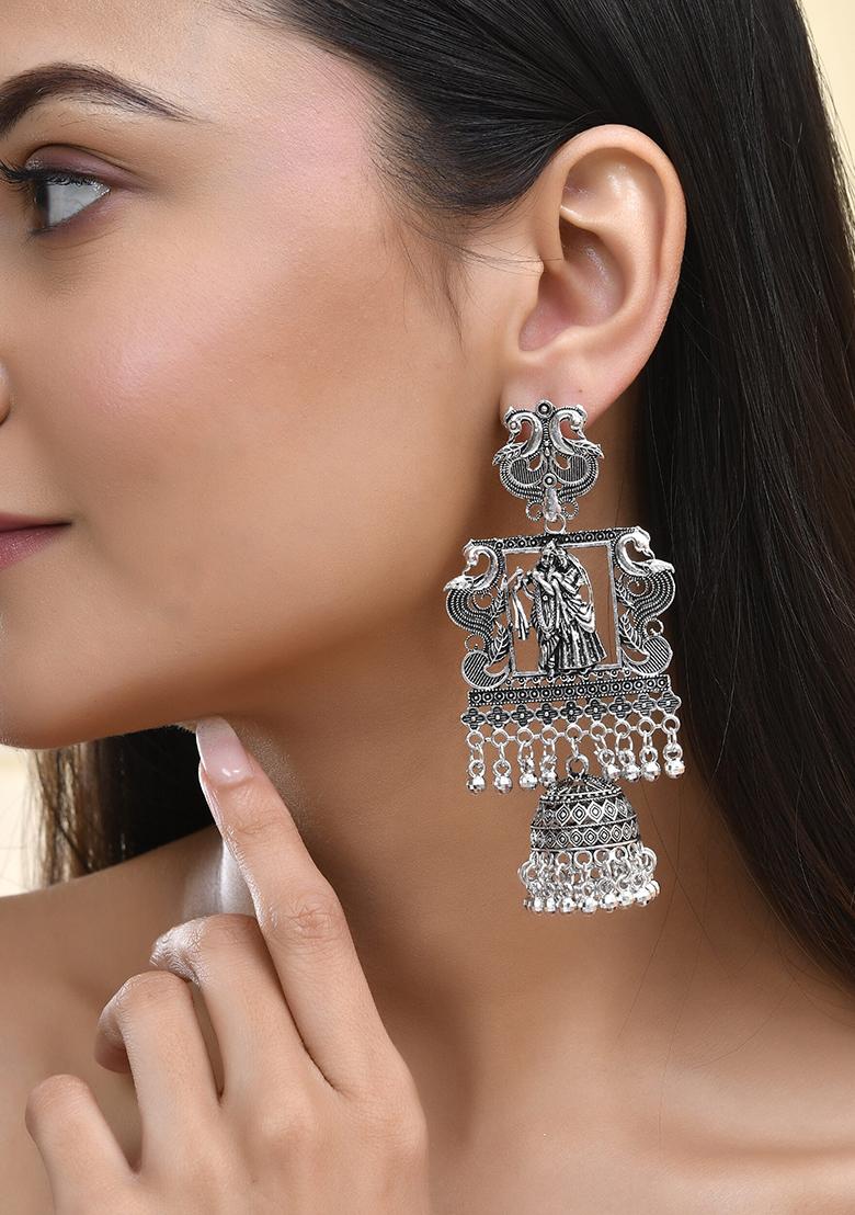 Antique Silver Temple Jhumka Earrings With Intricate Detailing