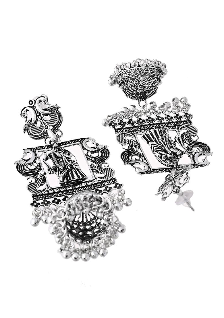 Antique Silver Temple Jhumka Earrings With Intricate Detailing