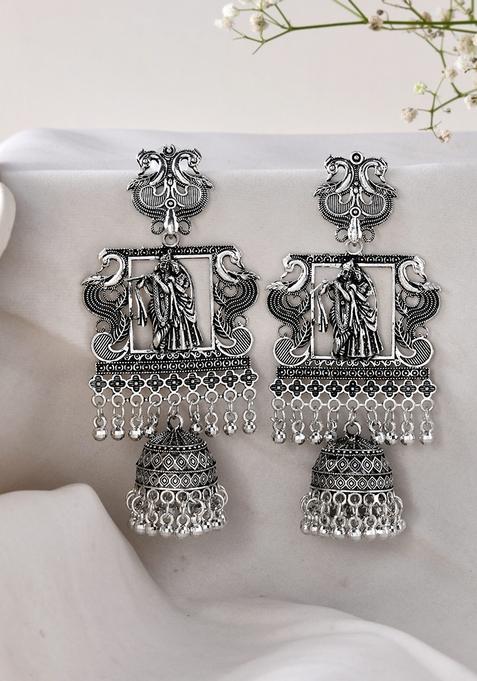 Antique Silver Temple Jhumka Earrings With Intricate Detailing