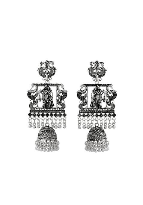 Antique Silver Temple Jhumka Earrings With Intricate Detailing