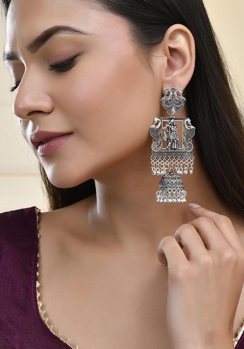 Antique Silver Temple Jhumka Earrings With Intricate Detailing