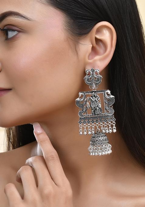 Antique Silver Temple Jhumka Earrings With Intricate Detailing