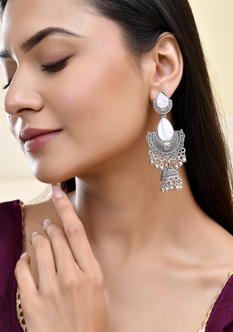 Oxidized Silver Half Moon Jhumka Earrings With Intricate Design