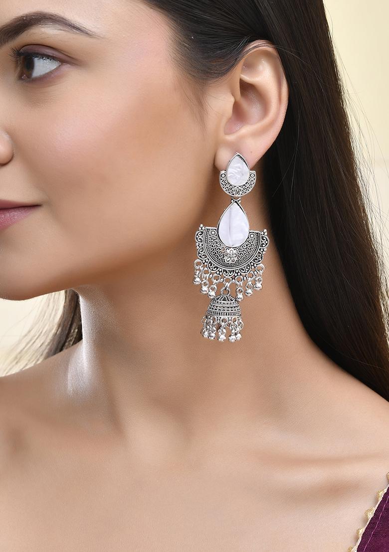 Oxidized Silver Half Moon Jhumka Earrings With Intricate Design