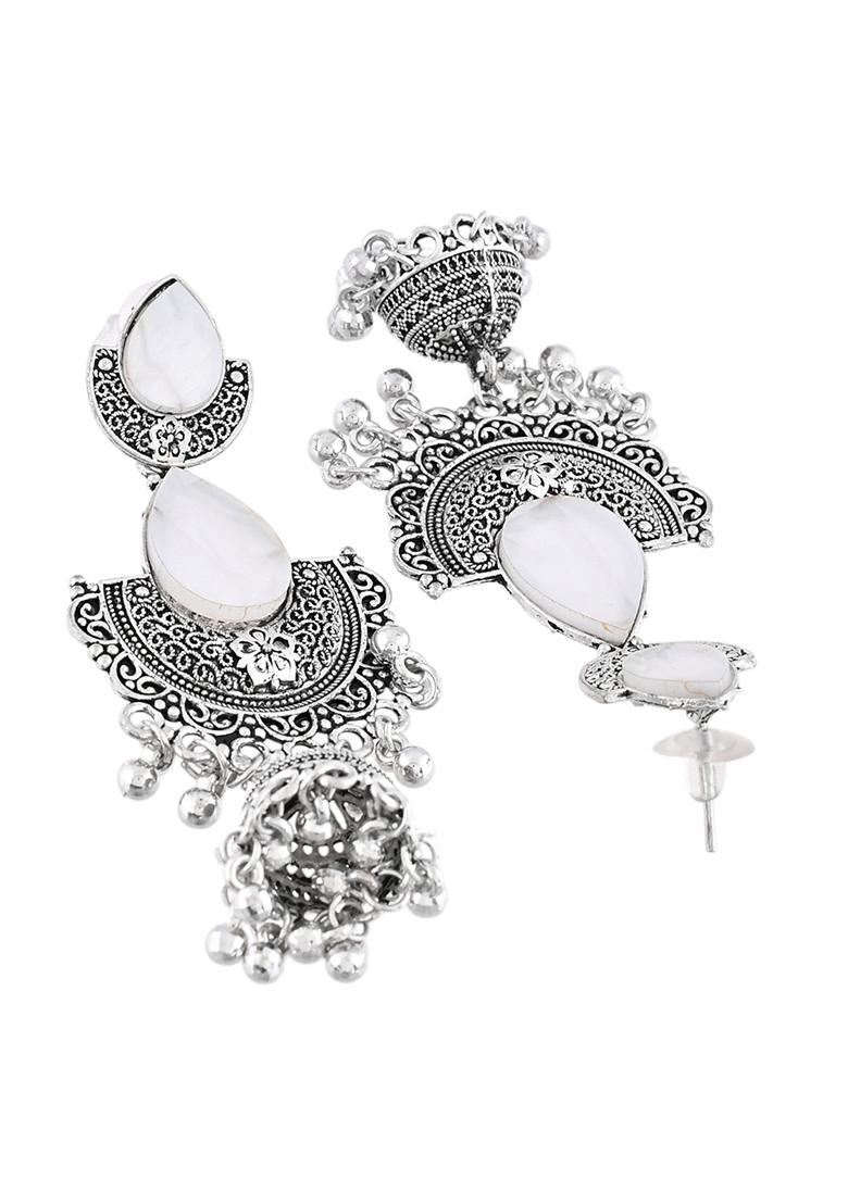 Oxidized Silver Half Moon Jhumka Earrings With Intricate Design