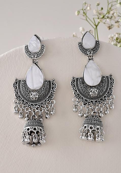 Oxidized Silver Half Moon Jhumka Earrings With Intricate Design