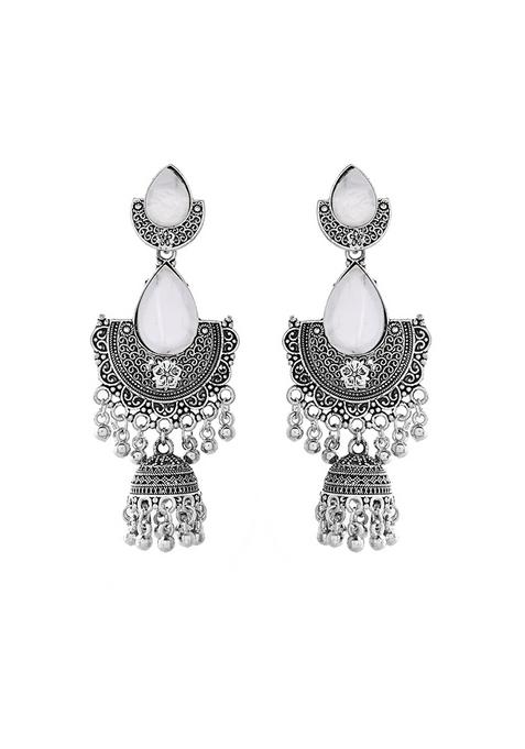 Oxidized Silver Half Moon Jhumka Earrings With Intricate Design