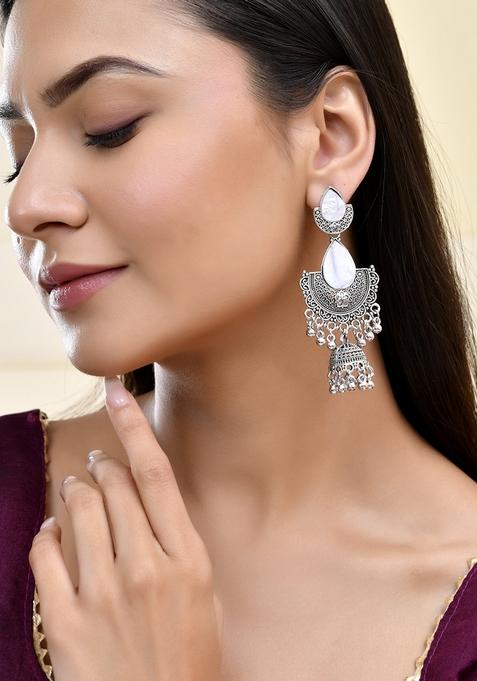 Oxidized Silver Half Moon Jhumka Earrings With Intricate Design