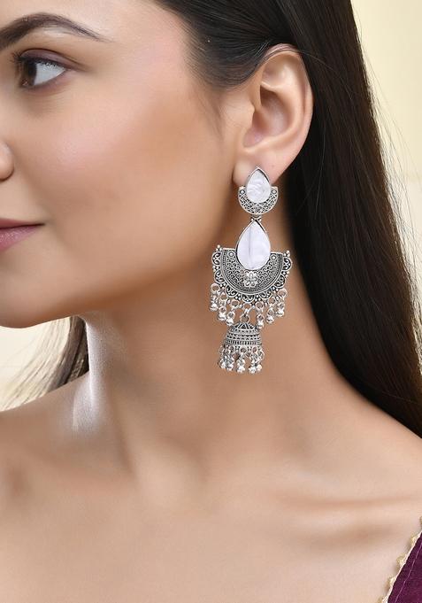 Oxidized Silver Half Moon Jhumka Earrings With Intricate Design