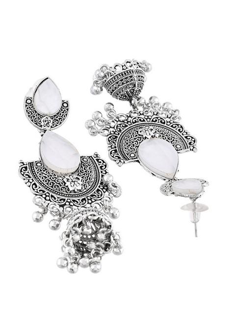 Oxidized Silver Half Moon Jhumka Earrings With Intricate Design