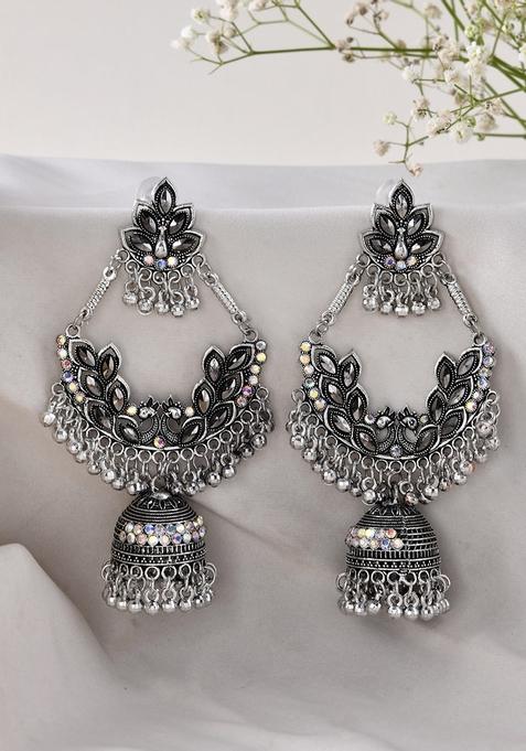 Boho Floral Jhumka Earrings With Iridescent Stones