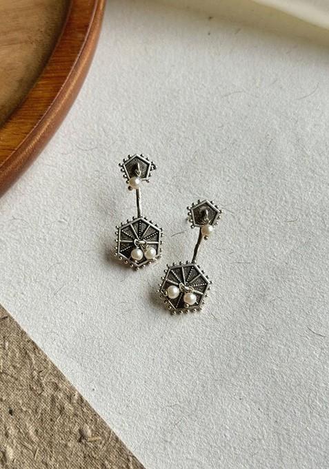 Silver Plated Oxidised Contemporary Drop Earrings