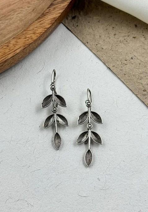 Silver Plated Leaf Shaped Oxidised Drop Earrings