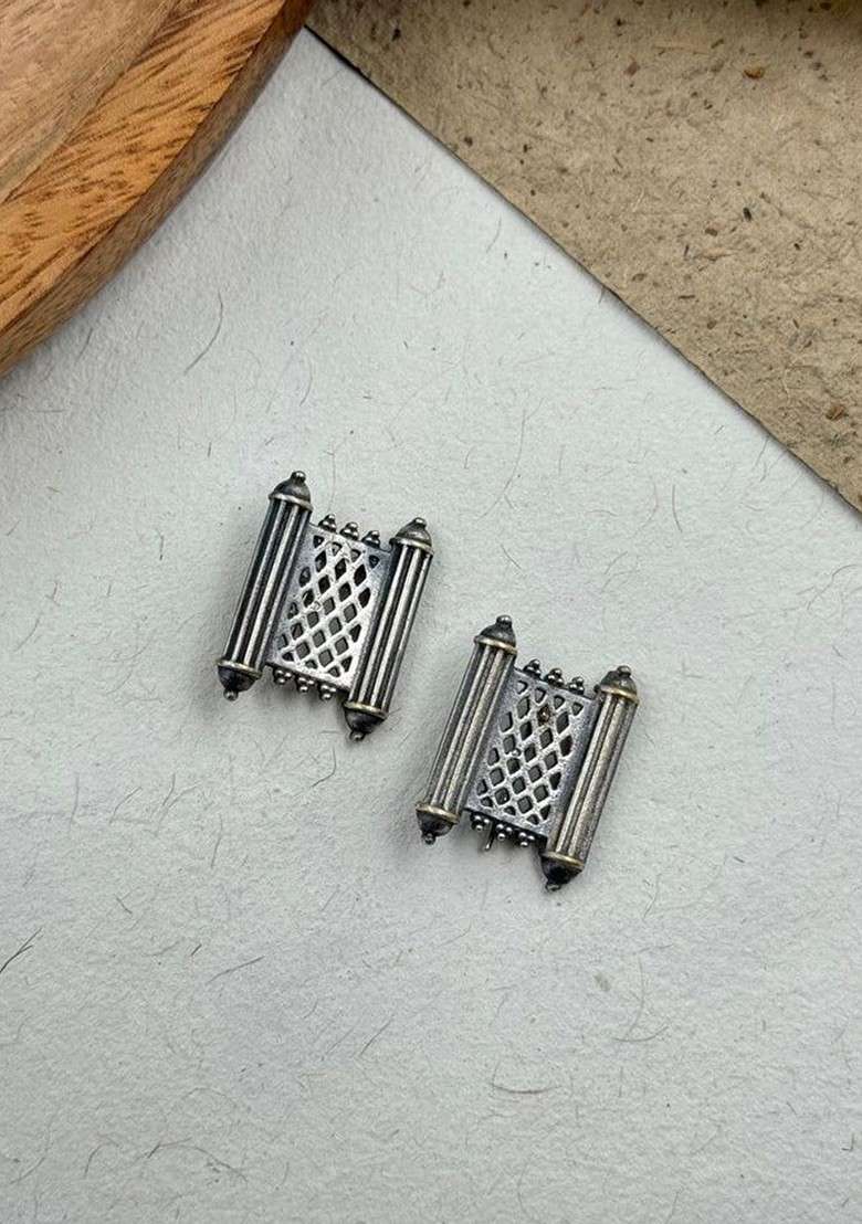 Silver Plated Square Shaped Oxidised Studs - Indya