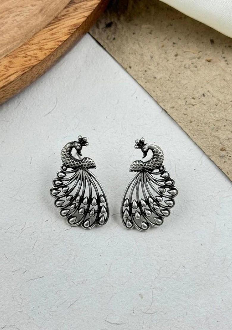 Silver Plated Peacock Shaped Oxidised Studs