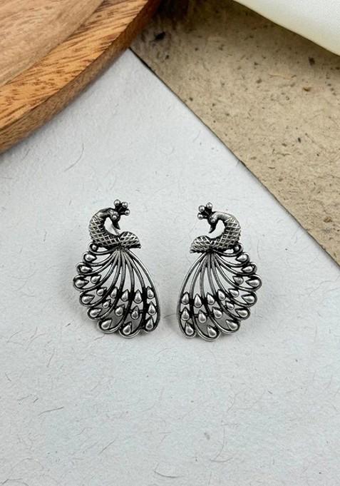 Silver Plated Peacock Shaped Oxidised Studs