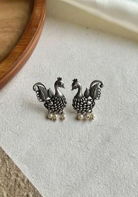 Silver Plated Artificial Stones Beaded Contemporary Shaped Drop Earrings