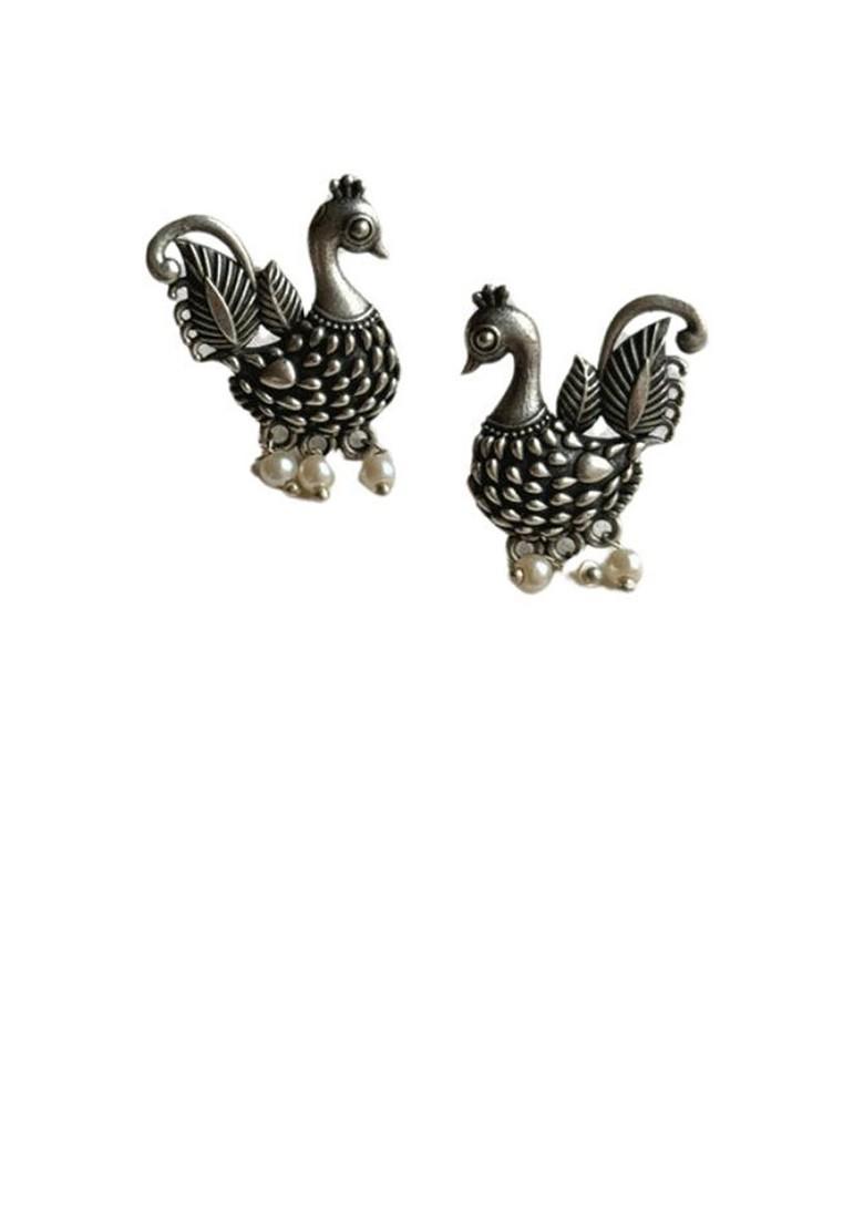 Silver Plated Artificial Stones Beaded Contemporary Shaped Drop Earrings