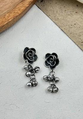 Silver Plated Floral Shaped Oxidised Drop Earrings